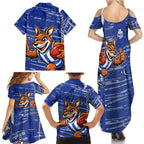 North Melbourne Kangaroos Family Matching Summer Maxi Dress and Hawaiian Shirt Mascot Cartoon Football Illustration Style