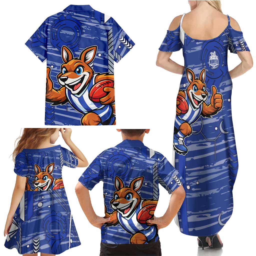 North Melbourne Kangaroos Family Matching Summer Maxi Dress and Hawaiian Shirt Mascot Cartoon Football Illustration Style
