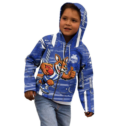 North Melbourne Kangaroos Kid Hoodie Mascot Cartoon Football Illustration Style