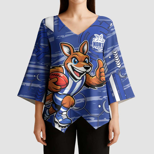 North Melbourne Kangaroos Kimono Sleeve Blouse Mascot Cartoon Football Illustration Style