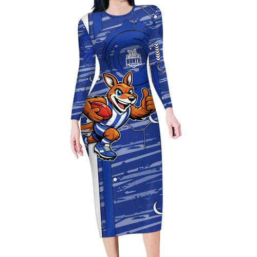 North Melbourne Kangaroos Long Sleeve Bodycon Dress Mascot Cartoon Football Illustration Style