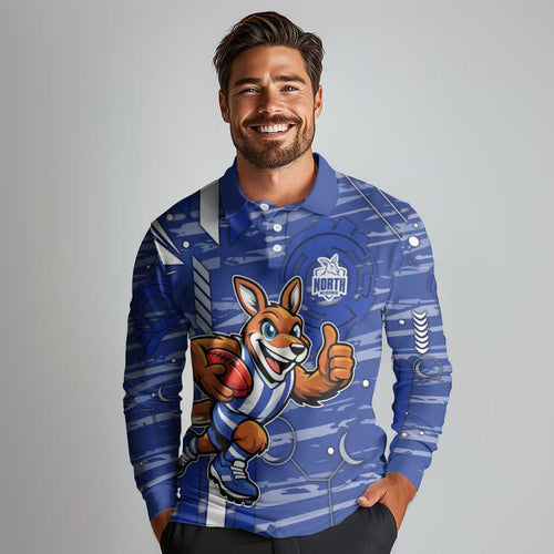 North Melbourne Kangaroos Long Sleeve Polo Shirt Mascot Cartoon Football Illustration Style