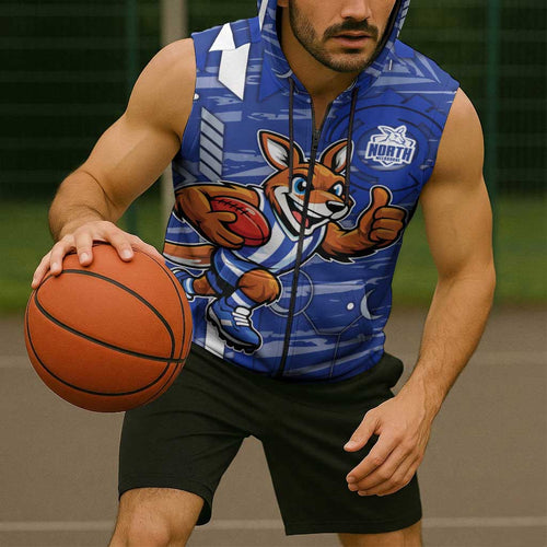 North Melbourne Kangaroos Sleeveless Zip Hoodie Mascot Cartoon Football Illustration Style