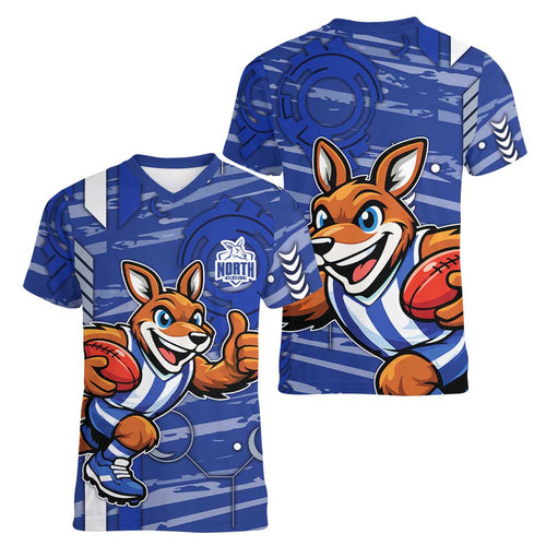 North Melbourne Kangaroos Women V-Neck T-Shirt Mascot Cartoon Football Illustration Style