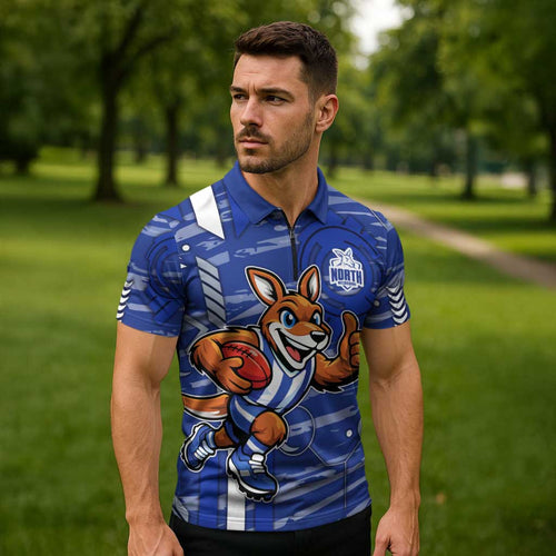 North Melbourne Kangaroos Zipper Polo Shirt Mascot Cartoon Football Illustration Style