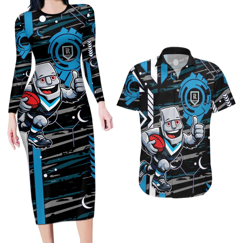 Port Adelaide Power Couples Matching Long Sleeve Bodycon Dress and Hawaiian Shirt Mascot Cartoon Football Illustration Style