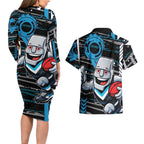 Port Adelaide Power Couples Matching Long Sleeve Bodycon Dress and Hawaiian Shirt Mascot Cartoon Football Illustration Style