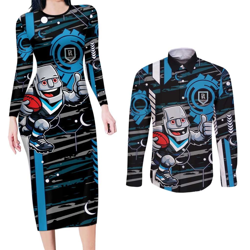 Port Adelaide Power Couples Matching Long Sleeve Bodycon Dress and Long Sleeve Button Shirt Mascot Cartoon Football Illustration Style