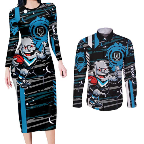 Port Adelaide Power Couples Matching Long Sleeve Bodycon Dress and Long Sleeve Button Shirt Mascot Cartoon Football Illustration Style
