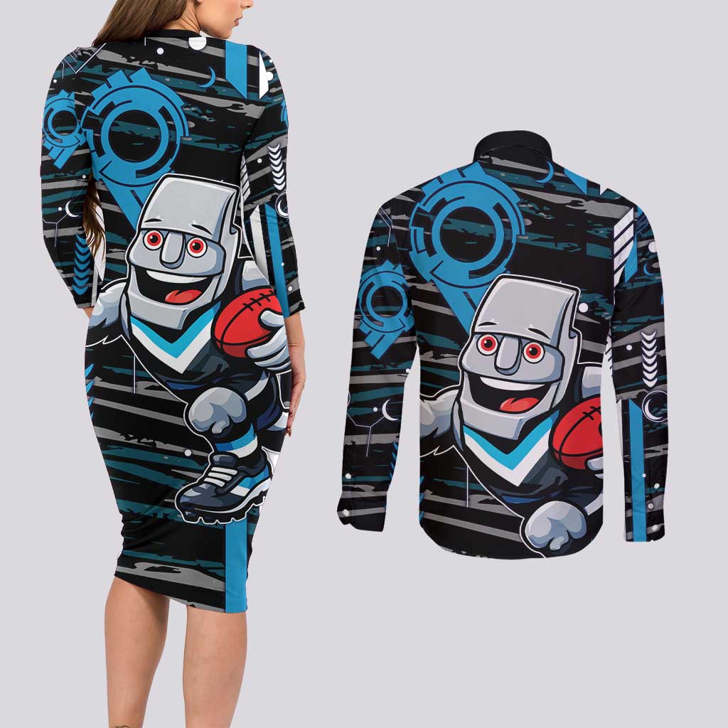 Port Adelaide Power Couples Matching Long Sleeve Bodycon Dress and Long Sleeve Button Shirt Mascot Cartoon Football Illustration Style