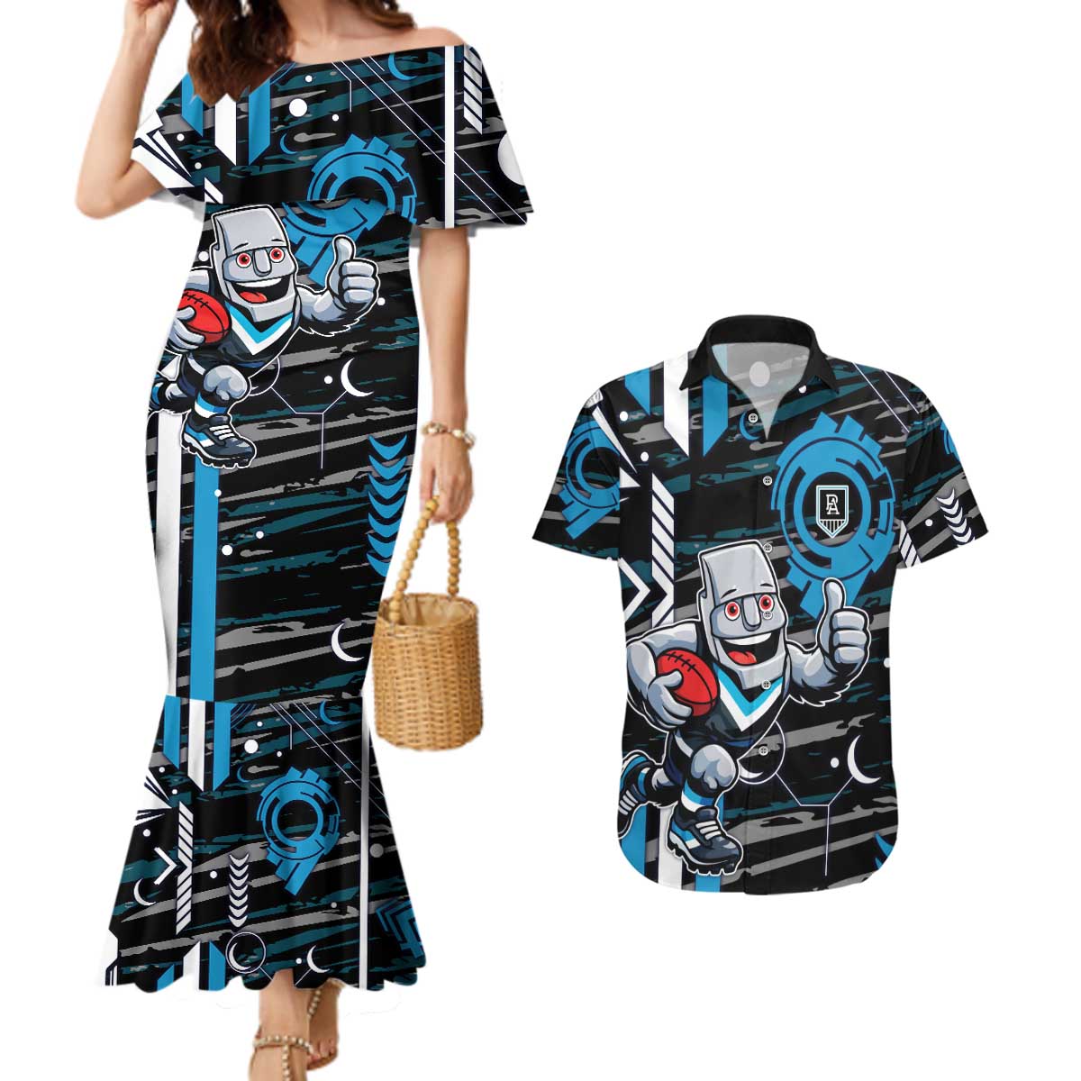 Port Adelaide Power Couples Matching Mermaid Dress and Hawaiian Shirt Mascot Cartoon Football Illustration Style