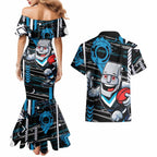 Port Adelaide Power Couples Matching Mermaid Dress and Hawaiian Shirt Mascot Cartoon Football Illustration Style