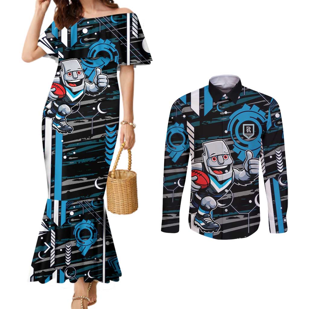 Port Adelaide Power Couples Matching Mermaid Dress and Long Sleeve Button Shirt Mascot Cartoon Football Illustration Style