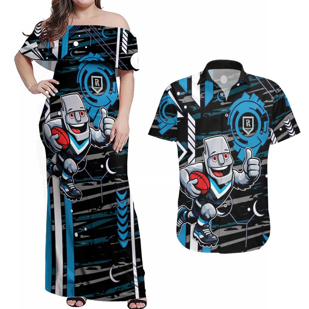 Port Adelaide Power Couples Matching Off Shoulder Maxi Dress and Hawaiian Shirt Mascot Cartoon Football Illustration Style