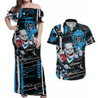 Port Adelaide Power Couples Matching Off Shoulder Maxi Dress and Hawaiian Shirt Mascot Cartoon Football Illustration Style