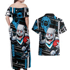 Port Adelaide Power Couples Matching Off Shoulder Maxi Dress and Hawaiian Shirt Mascot Cartoon Football Illustration Style