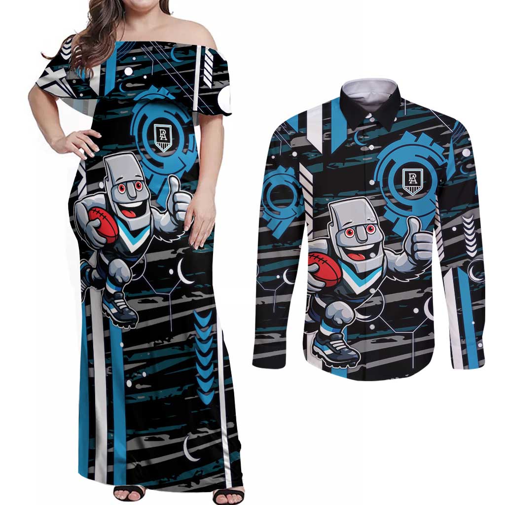Port Adelaide Power Couples Matching Off Shoulder Maxi Dress and Long Sleeve Button Shirt Mascot Cartoon Football Illustration Style