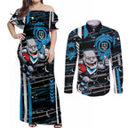 Port Adelaide Power Couples Matching Off Shoulder Maxi Dress and Long Sleeve Button Shirt Mascot Cartoon Football Illustration Style