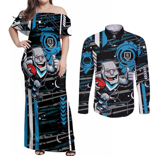 Port Adelaide Power Couples Matching Off Shoulder Maxi Dress and Long Sleeve Button Shirt Mascot Cartoon Football Illustration Style