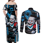 Port Adelaide Power Couples Matching Off Shoulder Maxi Dress and Long Sleeve Button Shirt Mascot Cartoon Football Illustration Style