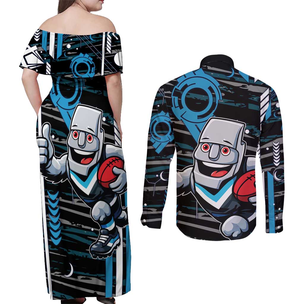 Port Adelaide Power Couples Matching Off Shoulder Maxi Dress and Long Sleeve Button Shirt Mascot Cartoon Football Illustration Style