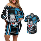 Port Adelaide Power Couples Matching Off Shoulder Short Dress and Hawaiian Shirt Mascot Cartoon Football Illustration Style