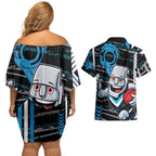 Port Adelaide Power Couples Matching Off Shoulder Short Dress and Hawaiian Shirt Mascot Cartoon Football Illustration Style