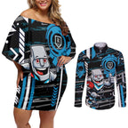Port Adelaide Power Couples Matching Off Shoulder Short Dress and Long Sleeve Button Shirt Mascot Cartoon Football Illustration Style