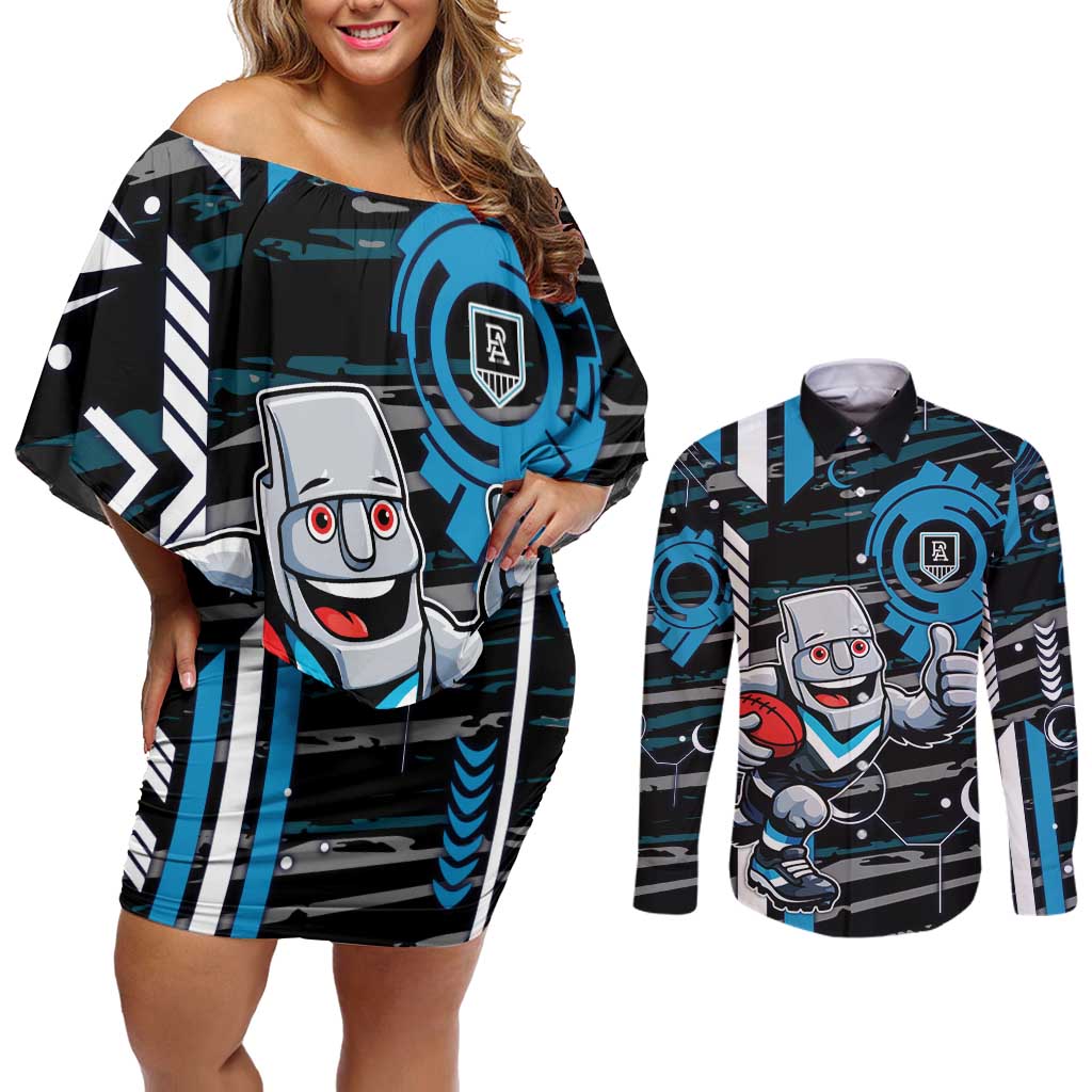 Port Adelaide Power Couples Matching Off Shoulder Short Dress and Long Sleeve Button Shirt Mascot Cartoon Football Illustration Style