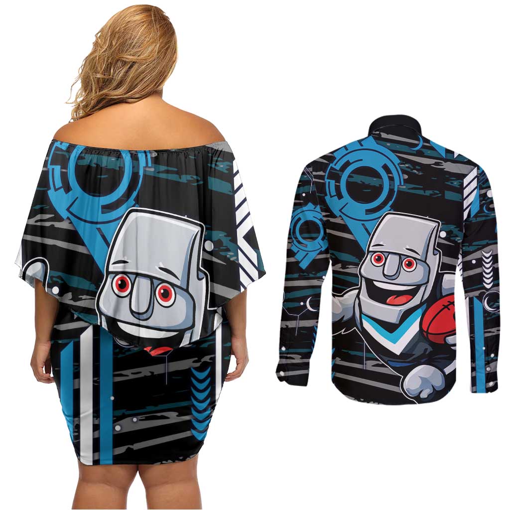 Port Adelaide Power Couples Matching Off Shoulder Short Dress and Long Sleeve Button Shirt Mascot Cartoon Football Illustration Style