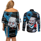 Port Adelaide Power Couples Matching Off Shoulder Short Dress and Long Sleeve Button Shirt Mascot Cartoon Football Illustration Style