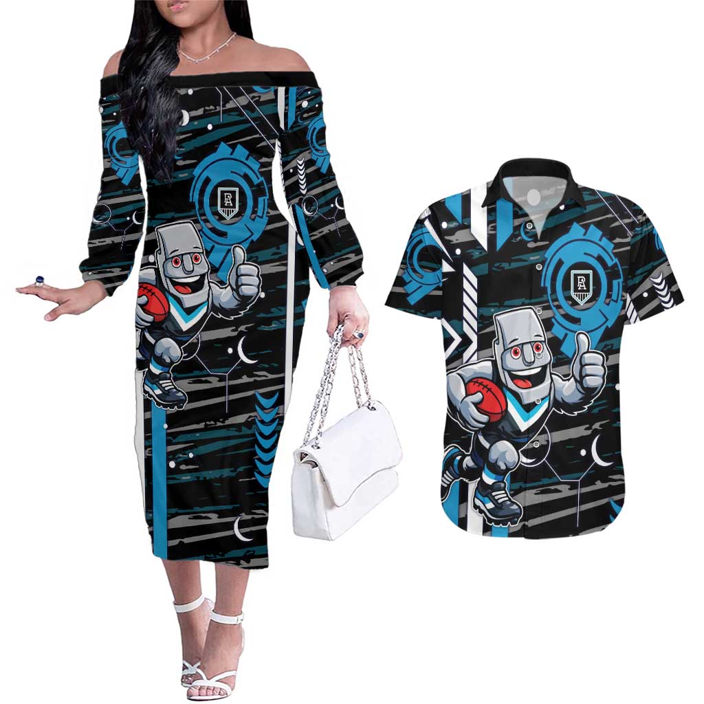 Port Adelaide Power Couples Matching Off The Shoulder Long Sleeve Dress and Hawaiian Shirt Mascot Cartoon Football Illustration Style