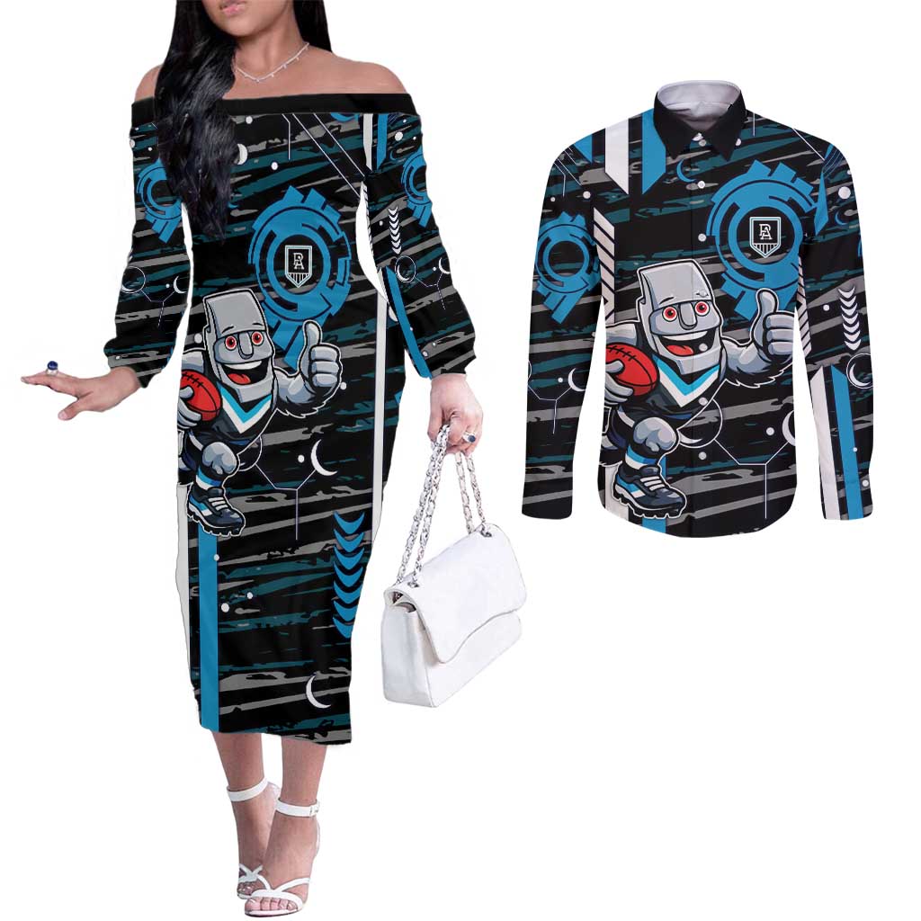 Port Adelaide Power Couples Matching Off The Shoulder Long Sleeve Dress and Long Sleeve Button Shirt Mascot Cartoon Football Illustration Style