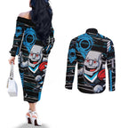 Port Adelaide Power Couples Matching Off The Shoulder Long Sleeve Dress and Long Sleeve Button Shirt Mascot Cartoon Football Illustration Style