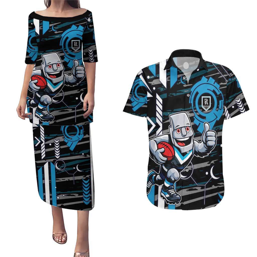 Port Adelaide Power Couples Matching Puletasi and Hawaiian Shirt Mascot Cartoon Football Illustration Style