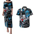 Port Adelaide Power Couples Matching Puletasi and Hawaiian Shirt Mascot Cartoon Football Illustration Style