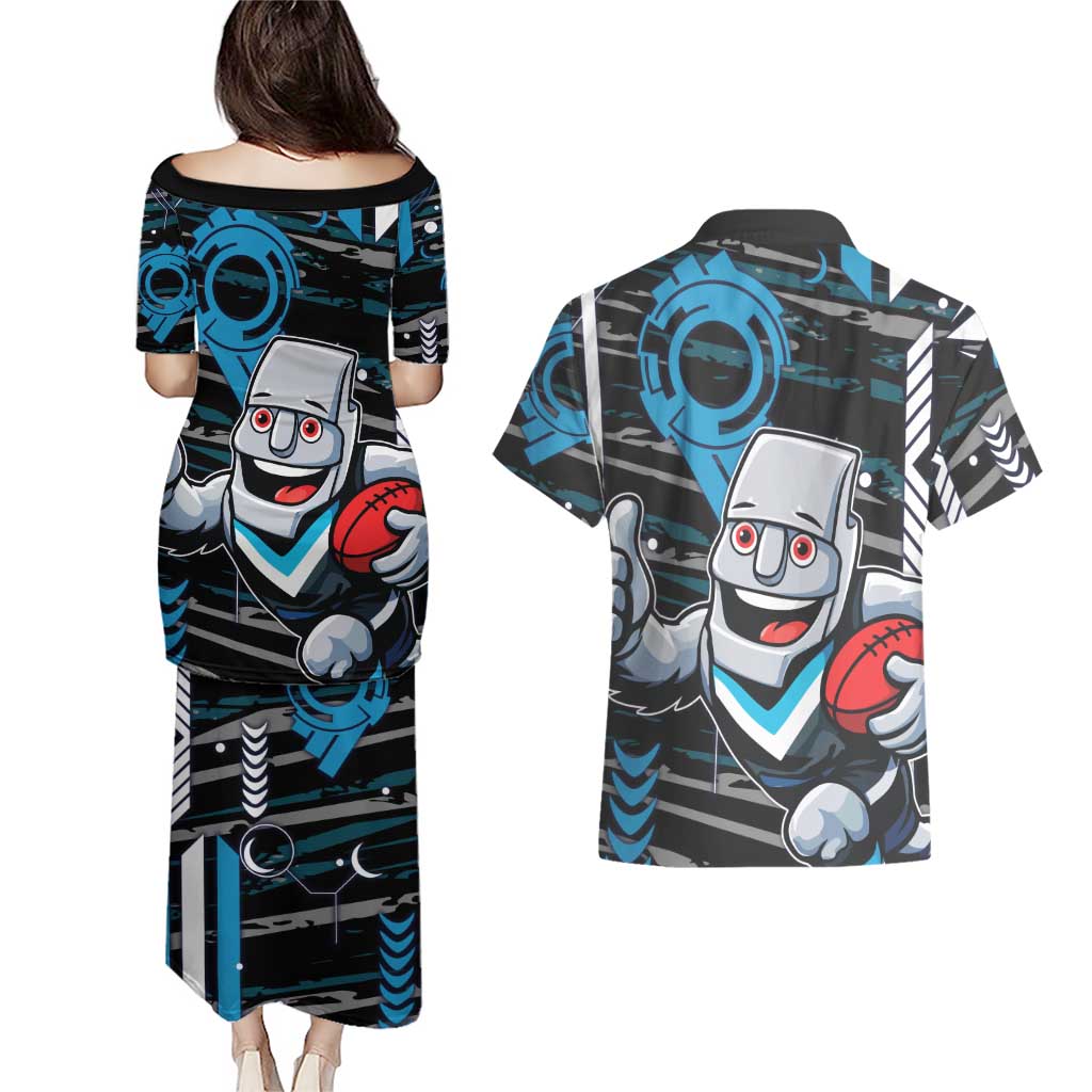Port Adelaide Power Couples Matching Puletasi and Hawaiian Shirt Mascot Cartoon Football Illustration Style