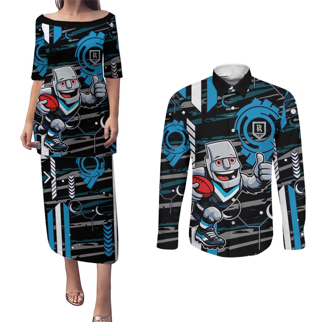 Port Adelaide Power Couples Matching Puletasi and Long Sleeve Button Shirt Mascot Cartoon Football Illustration Style