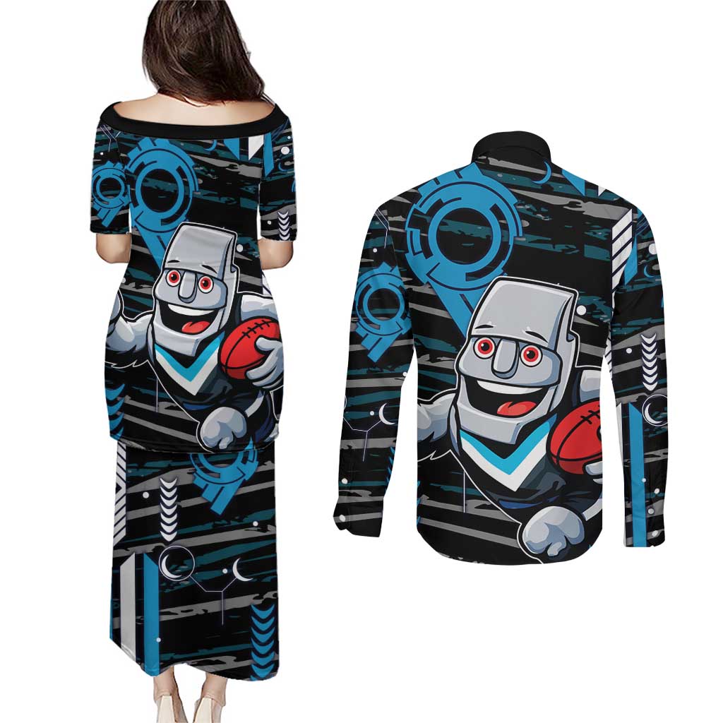 Port Adelaide Power Couples Matching Puletasi and Long Sleeve Button Shirt Mascot Cartoon Football Illustration Style