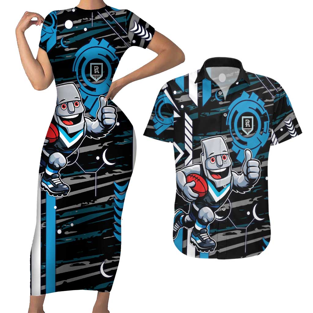 Port Adelaide Power Couples Matching Short Sleeve Bodycon Dress and Hawaiian Shirt Mascot Cartoon Football Illustration Style