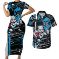 Port Adelaide Power Couples Matching Short Sleeve Bodycon Dress and Hawaiian Shirt Mascot Cartoon Football Illustration Style