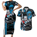 Port Adelaide Power Couples Matching Short Sleeve Bodycon Dress and Hawaiian Shirt Mascot Cartoon Football Illustration Style