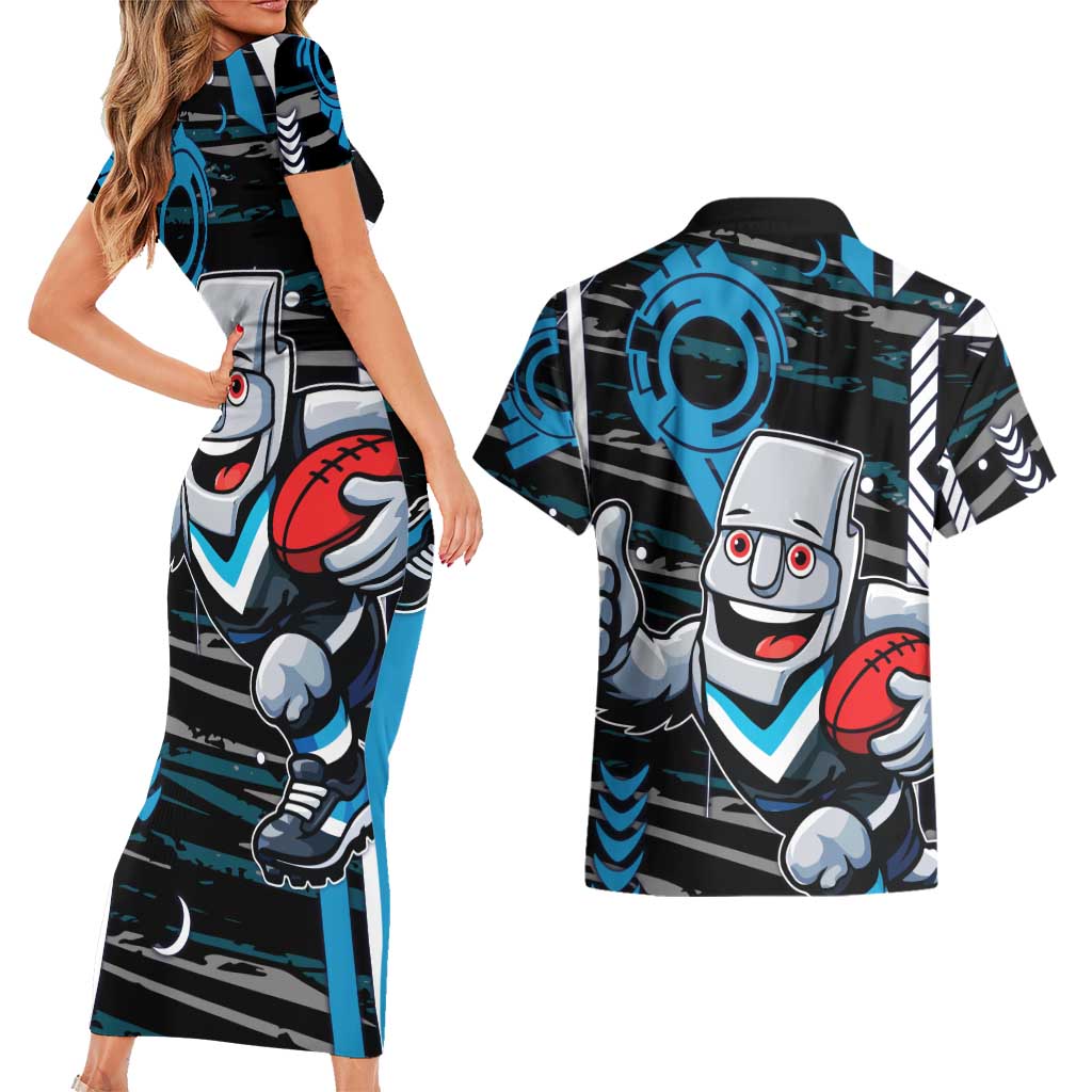 Port Adelaide Power Couples Matching Short Sleeve Bodycon Dress and Hawaiian Shirt Mascot Cartoon Football Illustration Style
