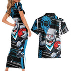 Port Adelaide Power Couples Matching Short Sleeve Bodycon Dress and Hawaiian Shirt Mascot Cartoon Football Illustration Style