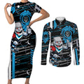 Port Adelaide Power Couples Matching Short Sleeve Bodycon Dress and Long Sleeve Button Shirt Mascot Cartoon Football Illustration Style