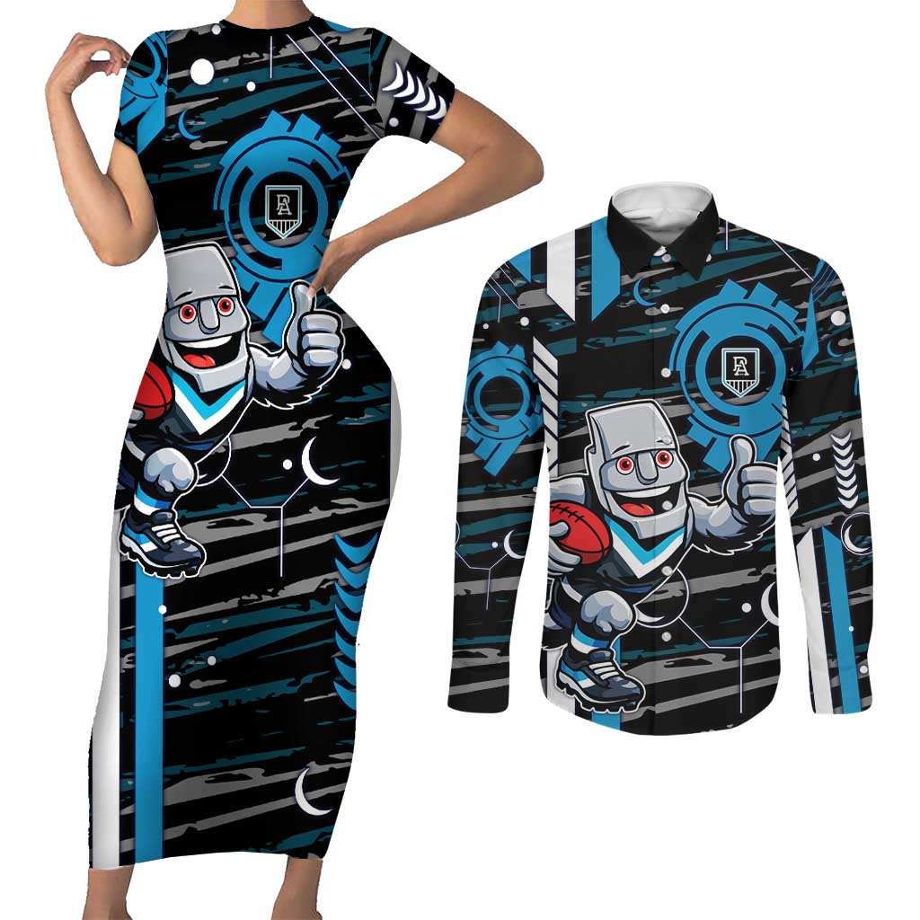 Port Adelaide Power Couples Matching Short Sleeve Bodycon Dress and Long Sleeve Button Shirt Mascot Cartoon Football Illustration Style