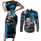 Port Adelaide Power Couples Matching Short Sleeve Bodycon Dress and Long Sleeve Button Shirt Mascot Cartoon Football Illustration Style