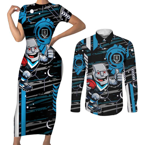 Port Adelaide Power Couples Matching Short Sleeve Bodycon Dress and Long Sleeve Button Shirt Mascot Cartoon Football Illustration Style