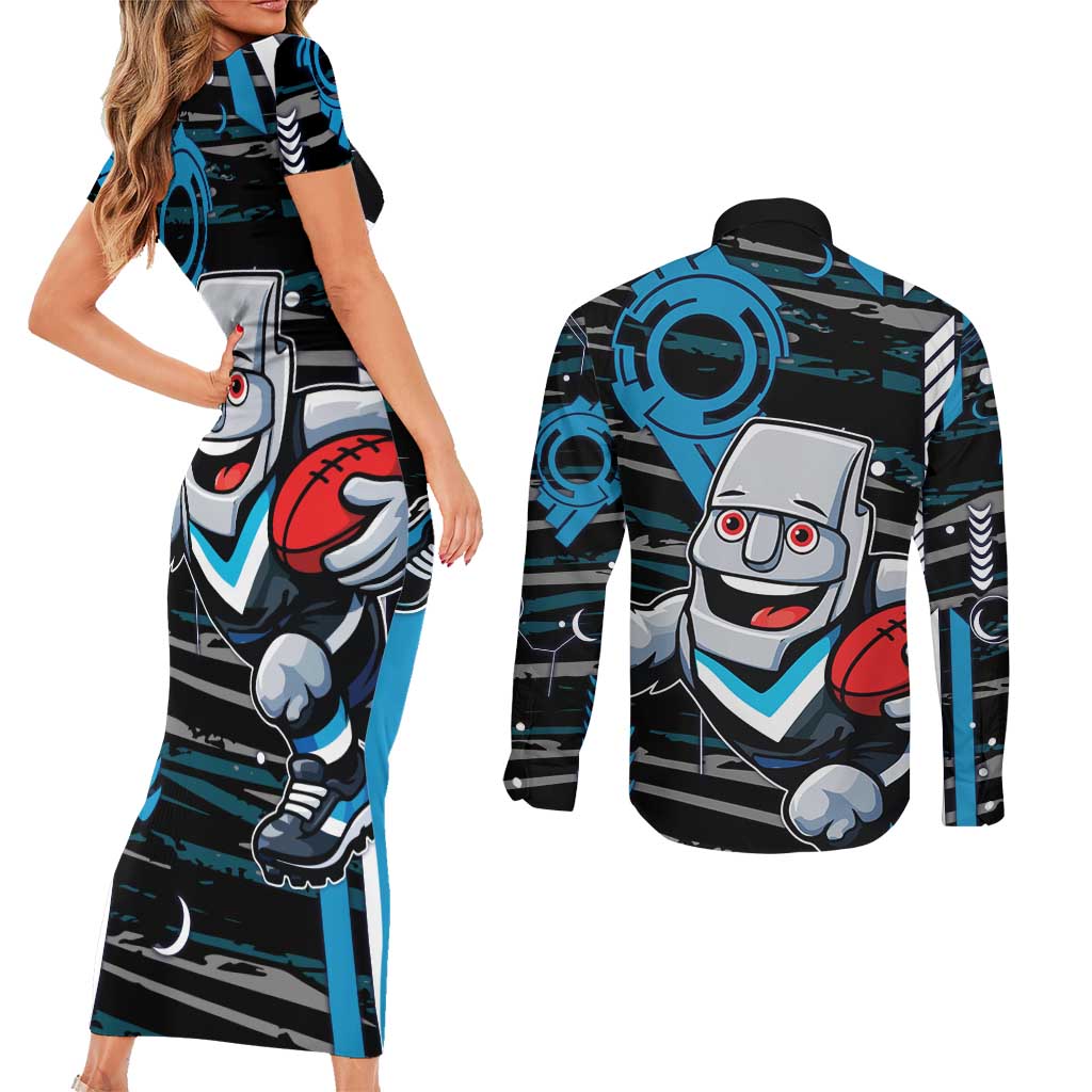 Port Adelaide Power Couples Matching Short Sleeve Bodycon Dress and Long Sleeve Button Shirt Mascot Cartoon Football Illustration Style