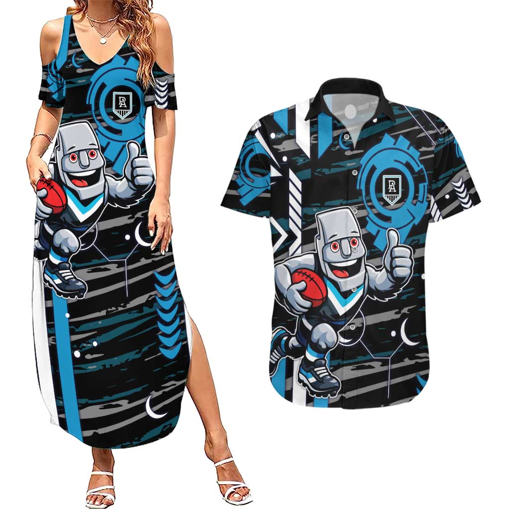 Port Adelaide Power Couples Matching Summer Maxi Dress and Hawaiian Shirt Mascot Cartoon Football Illustration Style